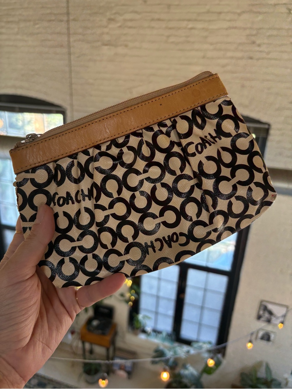Coach Beige and Black Signature Cosmetic Pouch